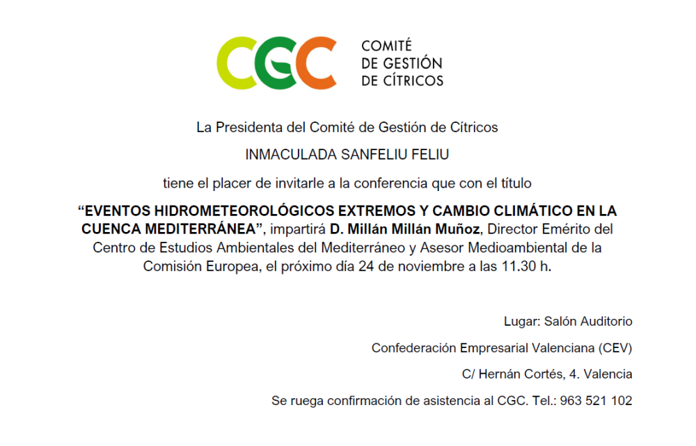  JUEVES 24.11.2022 - ORGANIZADO POR EL CGC: CONFERENCIA IMPARTIDA POR D. MILLÁN MILLÁN, EXPERTO EN CAMBIO CLIMÁTICO: EVENTOS HIDROMETEOROLÓGICOS EXTREMOS Y CAMBIO CLIMÁTICO EN LA CUENCA MEDITERRÁNEA